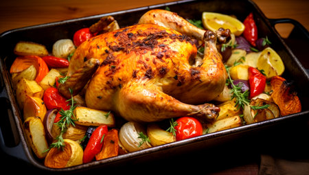 fried chicken with a crispy crust on a baking sheet close-up grated with spices and salt, baked with vegetables. AI Generatedの素材