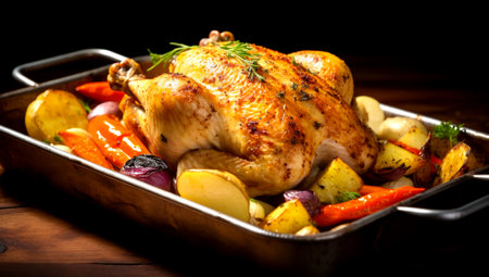 fried chicken with a crispy crust on a baking sheet close-up grated with spices and salt, baked with vegetables. AI Generatedの素材