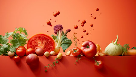 set of vegetables isolated on a red background.Healthy eating concept. creative layout. Flat lay, top view. AI Generatedの素材
