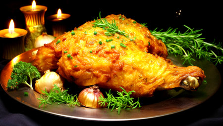 fried chicken with a crispy crust on a baking sheet close-up grated with spices and salt, baked with vegetables. AI Generatedの素材