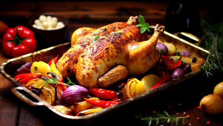 fried chicken with a crispy crust on a baking sheet close-up grated with spices and salt, baked with vegetables. AI Generatedの素材