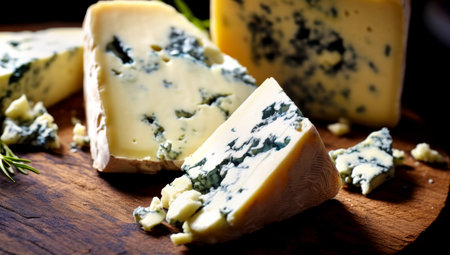 blue cheese on a wooden board. AI Generatedの素材