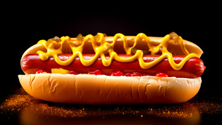 Mouthwatering long frankfurter in a wheat bun with chili pepper rings, ketchup and cheese sauce - a classic American street food. Black background. close-up. AI Generatedの素材