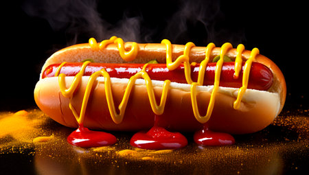 Mouthwatering long frankfurter in a wheat bun with chili pepper rings, ketchup and cheese sauce - a classic American street food. Black background. close-up. AI Generatedの素材