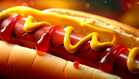 Mouthwatering long frankfurter in a wheat bun with chili pepper rings, ketchup and cheese sauce - a classic American street food. Black background. close-up. AI Generatedの素材