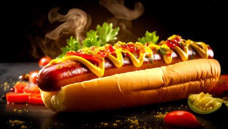 Mouthwatering long frankfurter in a wheat bun with chili pepper rings, ketchup and cheese sauce - a classic American street food. Black background. close-up. AI Generatedの素材