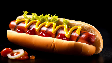 Mouthwatering long frankfurter in a wheat bun with chili pepper rings, ketchup and cheese sauce - a classic American street food. Black background. close-up. AI Generatedの素材
