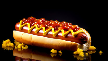 Mouthwatering long frankfurter in a wheat bun with chili pepper rings, ketchup and cheese sauce - a classic American street food. Black background. close-up. AI Generatedの素材
