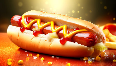 Mouthwatering long frankfurter in a wheat bun with chili pepper rings, ketchup and cheese sauce - a classic American street food. Black background. close-up. AI Generatedの素材