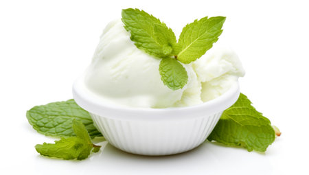 Vanilla Ice Cream with Mint in bowl Homemade Organic product Top view. AI Generatedの素材