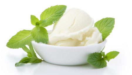 Vanilla Ice Cream with Mint in bowl Homemade Organic product Top view. AI Generatedの素材