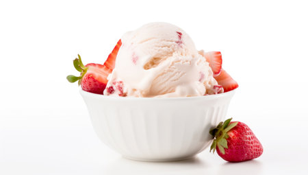 Vanilla ice cream with strawberries, isolated on white background. AI Generatedの素材