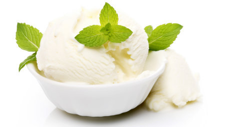 Vanilla Ice Cream with Mint in bowl Homemade Organic product Top view. AI Generatedの素材