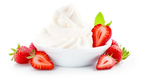 Vanilla ice cream with strawberries, isolated on white background. AI Generatedの素材