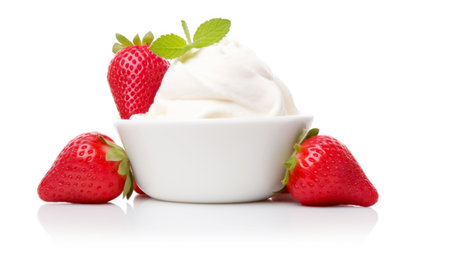 Vanilla ice cream with strawberries, isolated on white background. AI Generatedの素材
