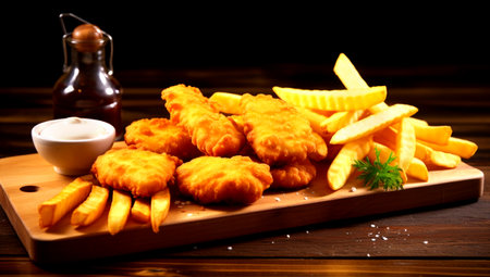 Crispy fried chicken nuggets, potato fries and tomato sauce on plate over black background with free text space. Top view, flat lay. AI Generatedの素材