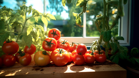 Fragment of vegetables for salad on a wooden cutting board. Tomatoes, lettuce. AI Generatedの素材