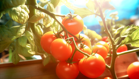 Fragment of vegetables for salad on a wooden cutting board. Tomatoes, lettuce. AI Generatedの素材