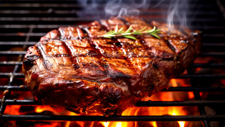 Flying beef steaks over flaming grill grid, isolated on black background. Barbecue and cooking. AI Generatedの素材