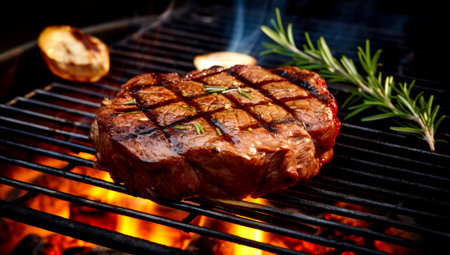 Flying beef steaks over flaming grill grid, isolated on black background. Barbecue and cooking. AI Generatedの素材