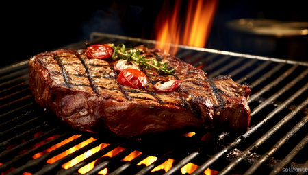 Flying beef steaks over flaming grill grid, isolated on black background. Barbecue and cooking. AI Generatedの素材