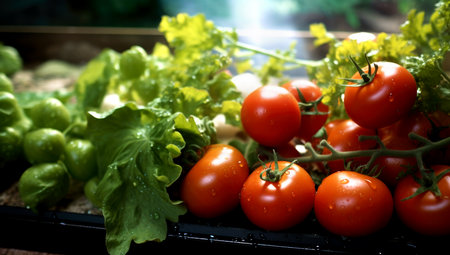 Fragment of vegetables for salad on a wooden cutting board. Tomatoes, lettuce. AI Generatedの素材