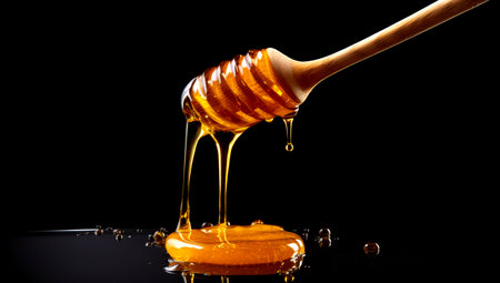 Wooden dipper with honey falling down isolated on black background. AI Generatedの素材