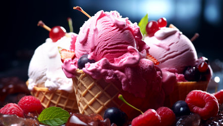 Set of ice cream scoops of different colors and flavors with berries, nuts and fruits decoration. AI Generatedの素材