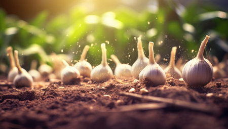 Growing garlic in plant. farm vegetables. AI Generatedの素材