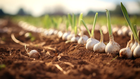 Growing garlic in plant. farm vegetables. AI Generatedの素材