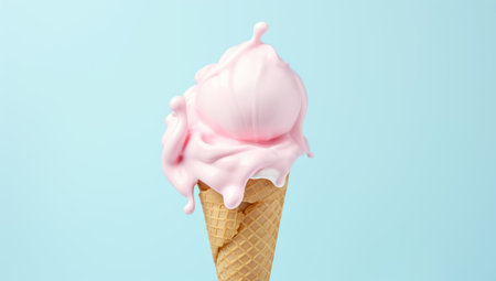 Vanilla ice cream cone on blue faded pastel color background. Vanilla ice cream in wafer cup. AI Generatedの素材