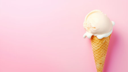 Vanilla ice cream cone on pink faded pastel color background. Vanilla ice cream in wafer cup. AI Generatedの素材