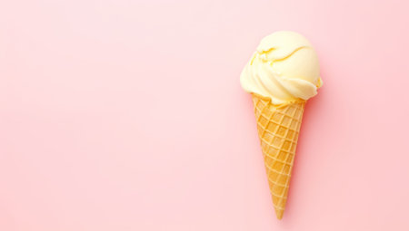 Vanilla ice cream cone on pink faded pastel color background. Vanilla ice cream in wafer cup. AI Generatedの素材