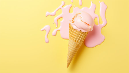 Vanilla ice cream cone on yellow faded pastel color background. Vanilla ice cream in wafer cup. AI Generatedの素材