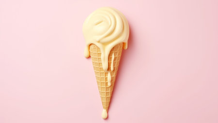 Vanilla ice cream cone on pink faded pastel color background. Vanilla ice cream in wafer cup. AI Generatedの素材