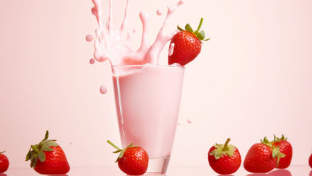 striped straws in a glass of splashing strawberry milkshake isolated on pastel pink color backdrop. AI Generatedの素材