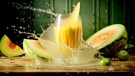 The juice of melon with mint in a glass jar on the table.Hami melon. AI Generatedの素材