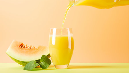 The juice of melon with mint in a glass jar on the table.Hami melon. AI Generatedの素材