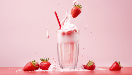 striped straws in a glass of splashing strawberry milkshake isolated on pastel pink color backdrop. AI Generatedの素材