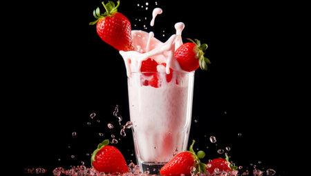 striped straws in a glass of splashing strawberry milkshake isolated on pastel black color backdrop. AI Generatedの素材