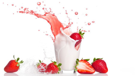 striped straws in a glass of splashing strawberry milkshake isolated on pastel pink color backdrop. AI Generatedの素材
