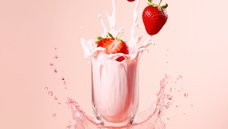 striped straws in a glass of splashing strawberry milkshake isolated on pastel pink color backdrop. AI Generatedの素材