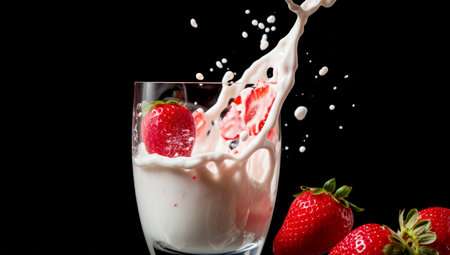 striped straws in a glass of splashing strawberry milkshake isolated on pastel black color backdrop. AI Generatedの素材