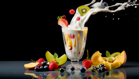 striped straws in a glass of splashing strawberry milkshake isolated on pastel black color backdrop. AI Generatedの素材