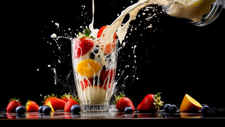 striped straws in a glass of splashing strawberry milkshake isolated on pastel black color backdrop. AI Generatedの素材