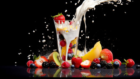 striped straws in a glass of splashing strawberry milkshake isolated on pastel black color backdrop. AI Generatedの素材