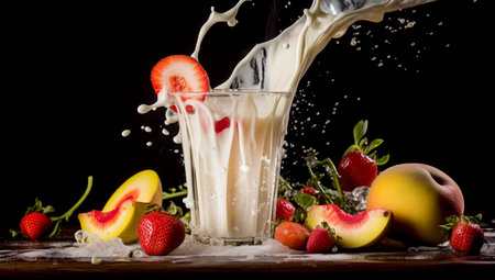 striped straws in a glass of splashing strawberry milkshake isolated on pastel black color backdrop. AI Generatedの素材