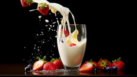 striped straws in a glass of splashing strawberry milkshake isolated on pastel black color backdrop. AI Generatedの素材