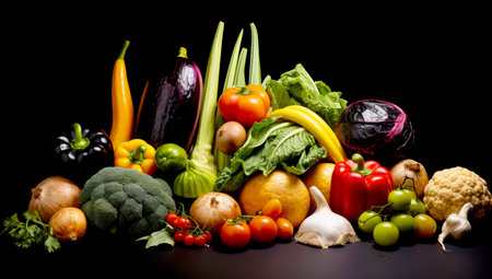 a fresh group of vegetables on a black background. AI Generatedの素材