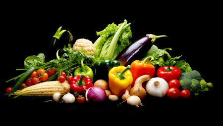 a fresh group of vegetables on a black background. AI Generatedの素材